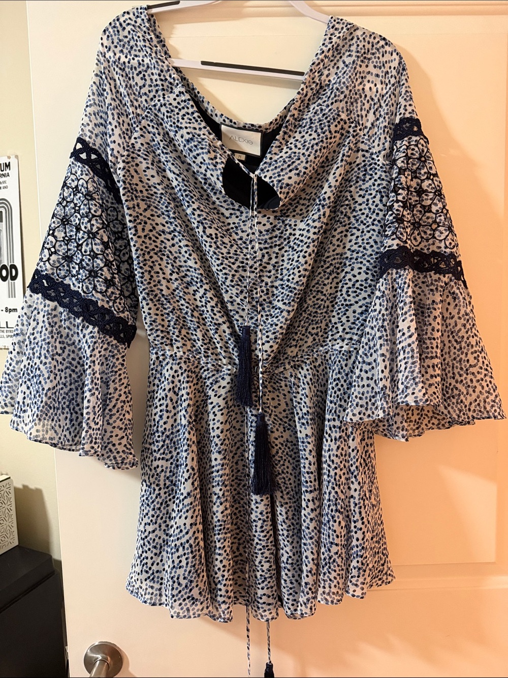 ALEXIS Lanelle Silk Polka Dot Mini Dress Tassel Navy Cream Size M
